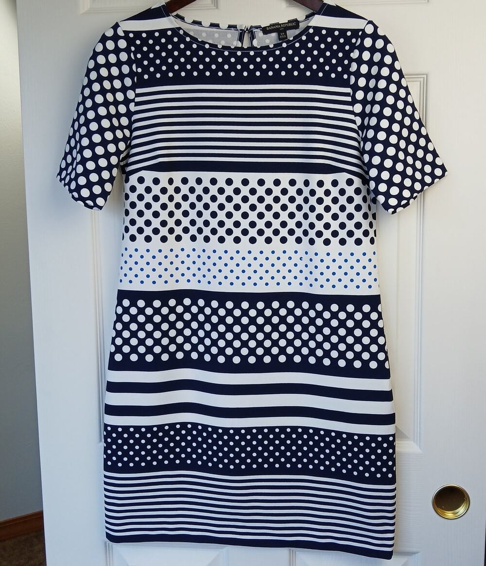Banana Republic Stripe and Dot Shift Dress XS retro keyhole navy white boat neck